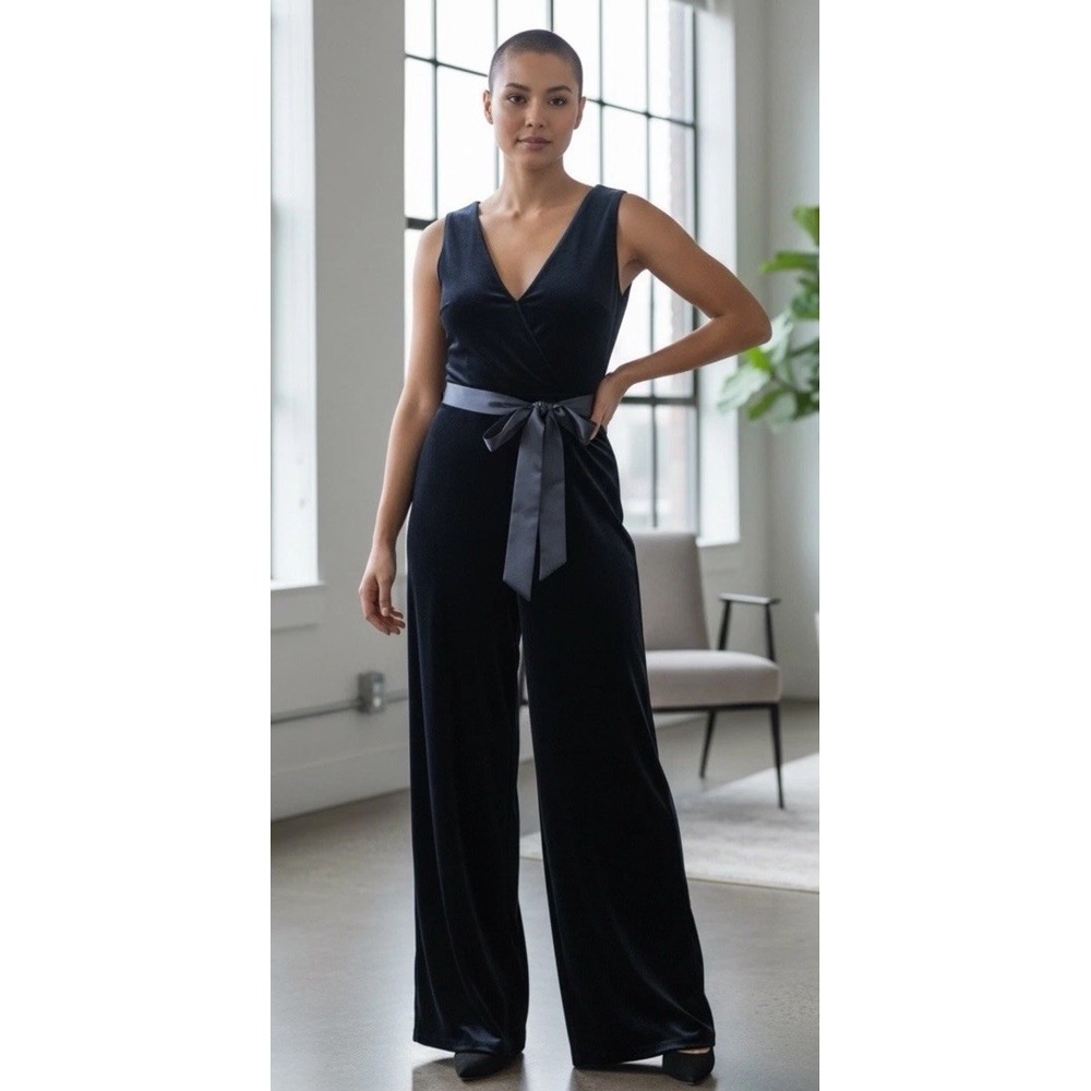 Talbots Size 10 Velvet Black Jumpsuit Back Bow Waist Tie Sash Holiday NWT $169